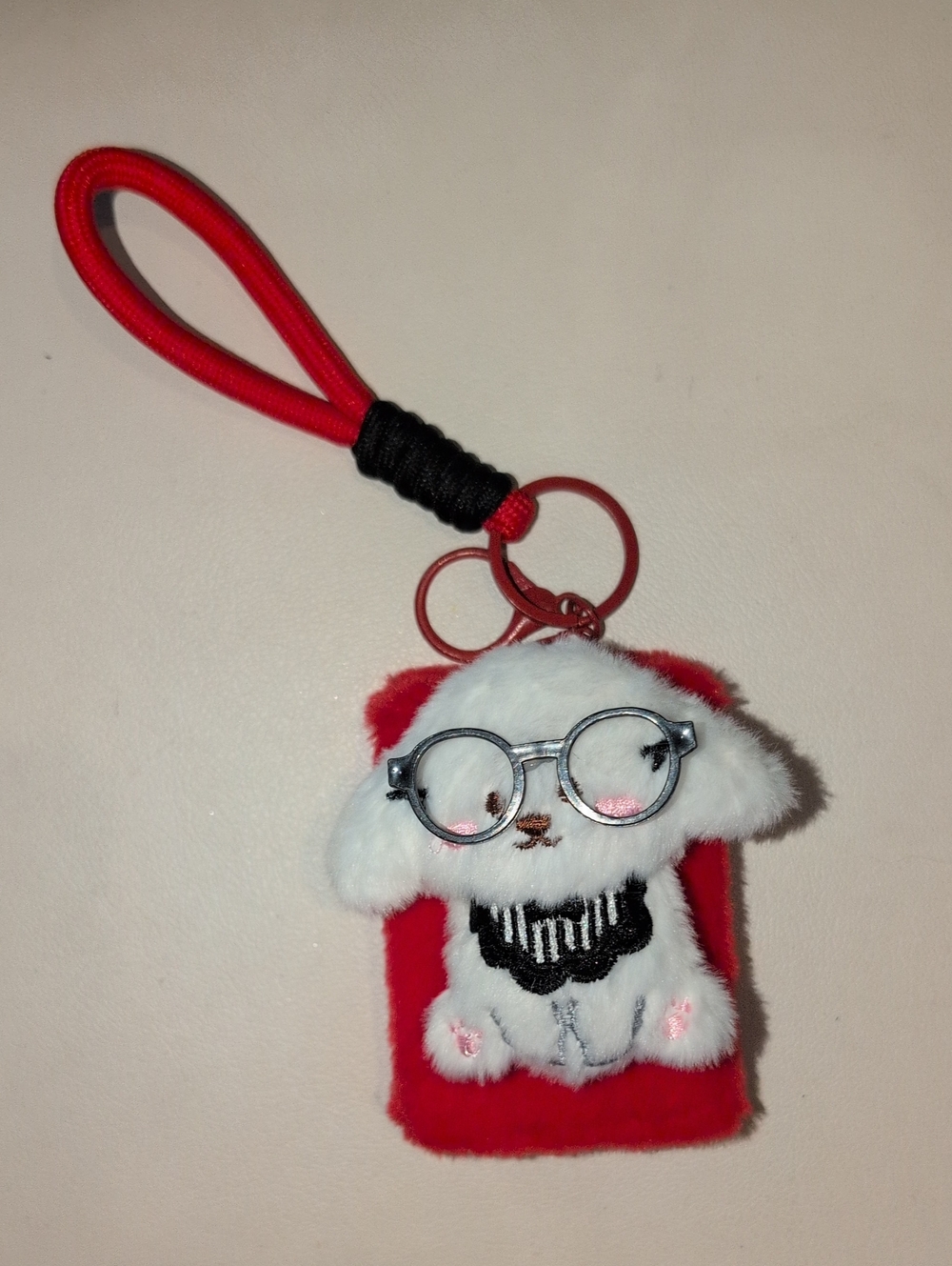 Cute Red White Puppy Plush Mirror Keychain with Glasses